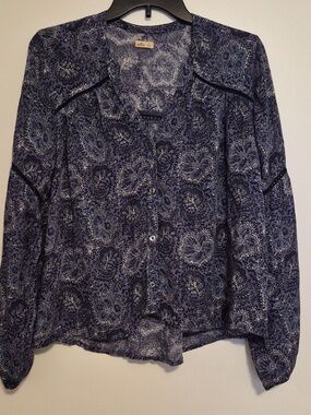 Holister Navy Blue & White Long Sleeve Button Up Blouse SZ S